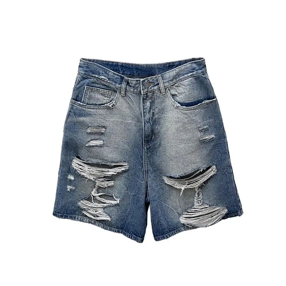 Hole Jeans Women Knee Length Wide Leg Pants Ripped Straight Mid Waist Washed Distressed Shorts 2025 Summer Streetwear Denims