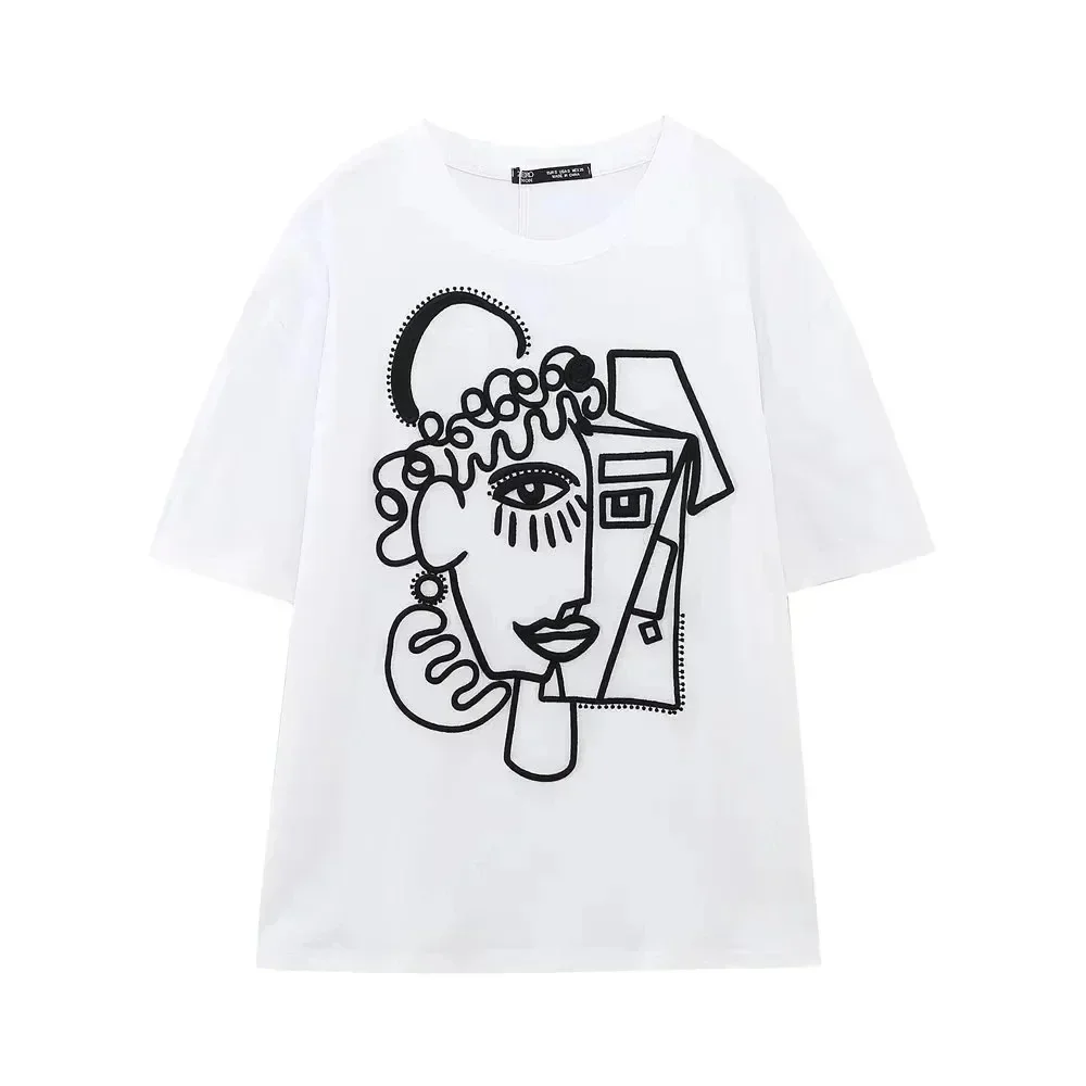 

T-shirts for Women Y2k Embroidery O Neck Harajuku Vintage Short Sleeve Tee T Shirt for Women StitchTops Blouse