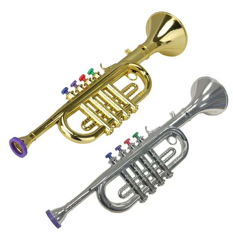 Kid Trumpet Golden Coated Plastic Children Preschool Music Toy holiday Gift Wind Instrument With 4 Color Keys Loud Sound