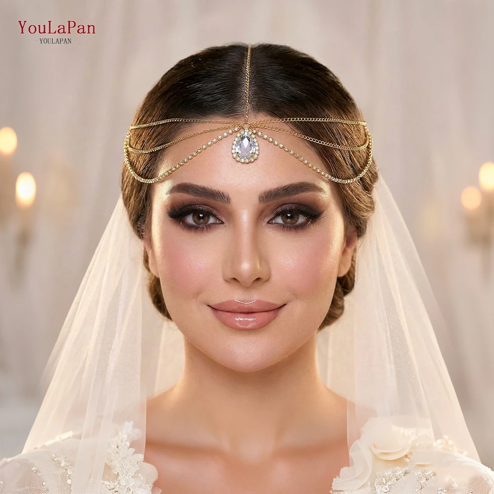 

YouLaPan Women Golod Color Rhinestone Head Chain Fashion Bridal Weddings Forehead Jewelry Hair Accessorie Party Headpiece HP975