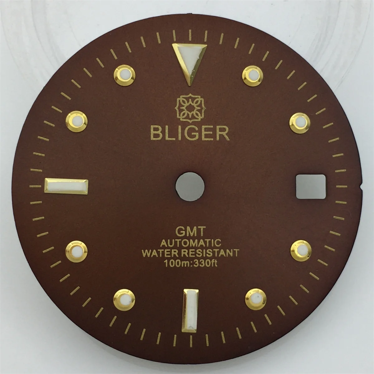 BLIGER 29mm GMT Dial Brown Dial Gold Index Super Green Luminous Replacement parts for NH34 DG3804 Automatic Movement Men's watch