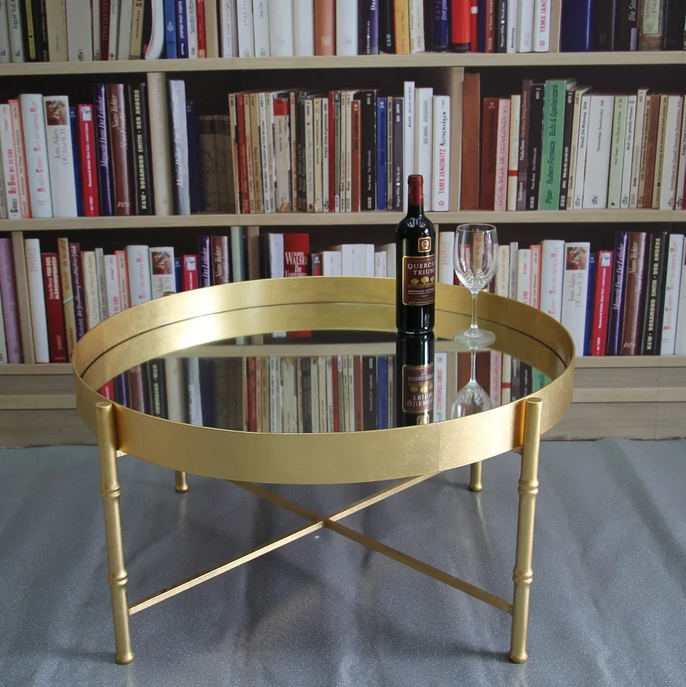 New Chinese-style bamboo joint round electroplated gold foil m irror c offee tab le/s oft de coration design