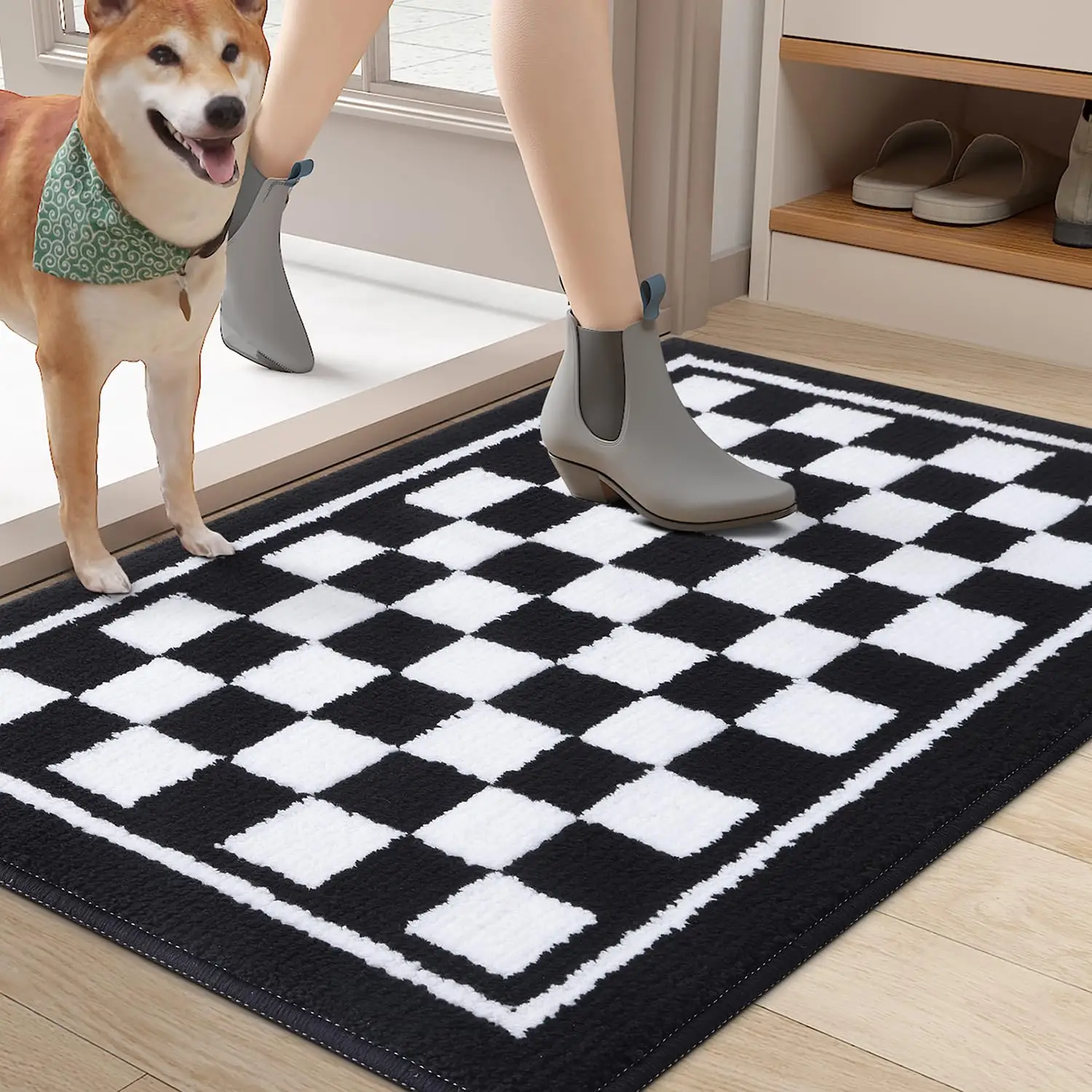 Olanly Innentürmatte, saugfähig, schmutzabweisend, Bodenteppiche, maschinenwaschbar, Fußmatte für den Eingangsbereich, schlammige Pfoten, Gitter, 43 x 76 cm, Schwarz