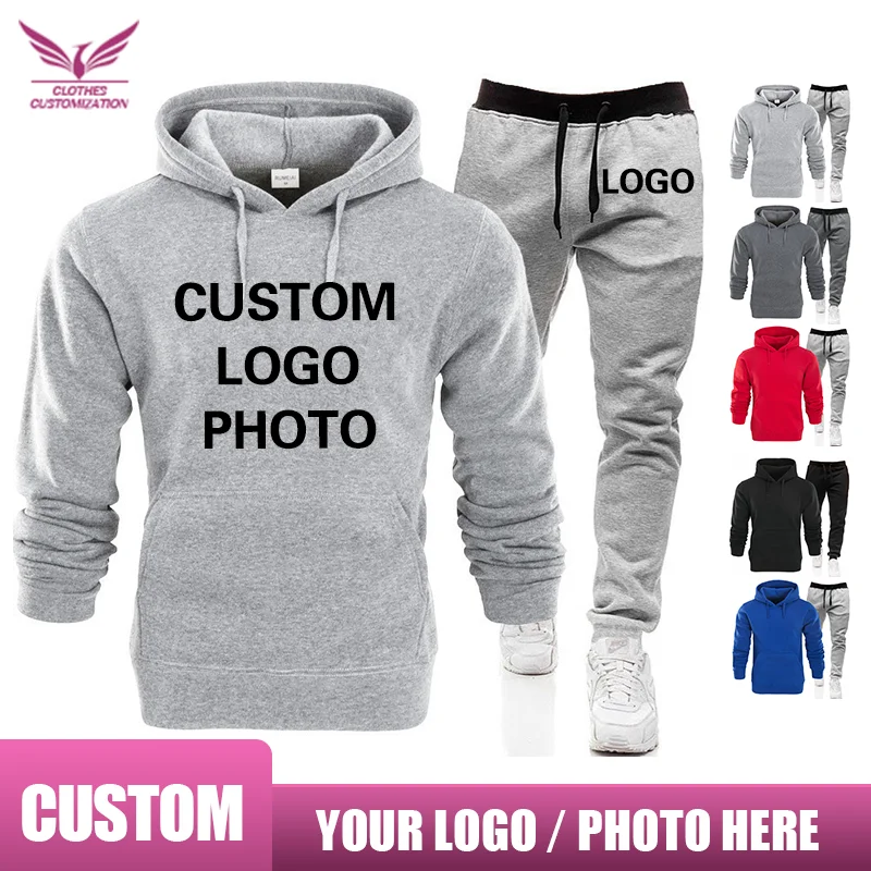 Men's Casual Hooded Top print photo Jogging Sports Suit Mountaineering Drawstring Sports Pants Two-piece Set Custom logo  DIY