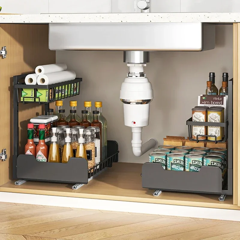 Kitchen Sink Lower Shelf Storage Pull Basket Two-way Guide Rail Bathroom Toilet Cabinet Layered Pull Basket