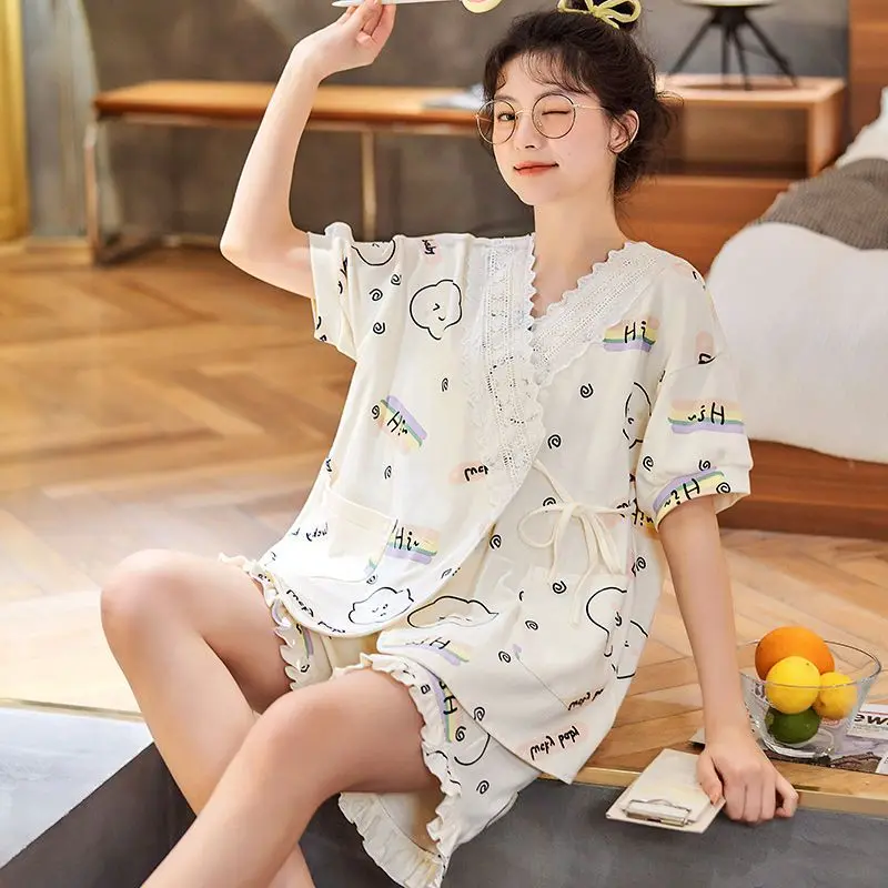 Sommer japanische Kimono Kurzarm Baumwolle Pyjama Frauen Shorts Kawaii Kleidung Lounge wear lose Pyjama Sets Nachtwäsche Mujer