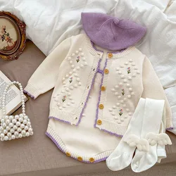 Autumn Spring Infant Baby Girl Knitting Clothes Set Long Sleeved Floral Embroidery Cardigan+Jumpsuit Newborn Baby Clothing Suit