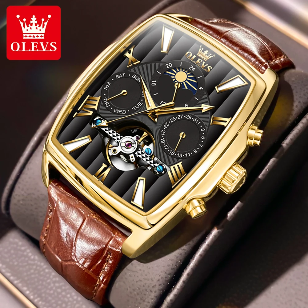 

OLEVS Luxury Male Wristwatch Rectangular Dial Waterproof Leather strap Automatic Mechanical Watch Moon Phase Calendar Original