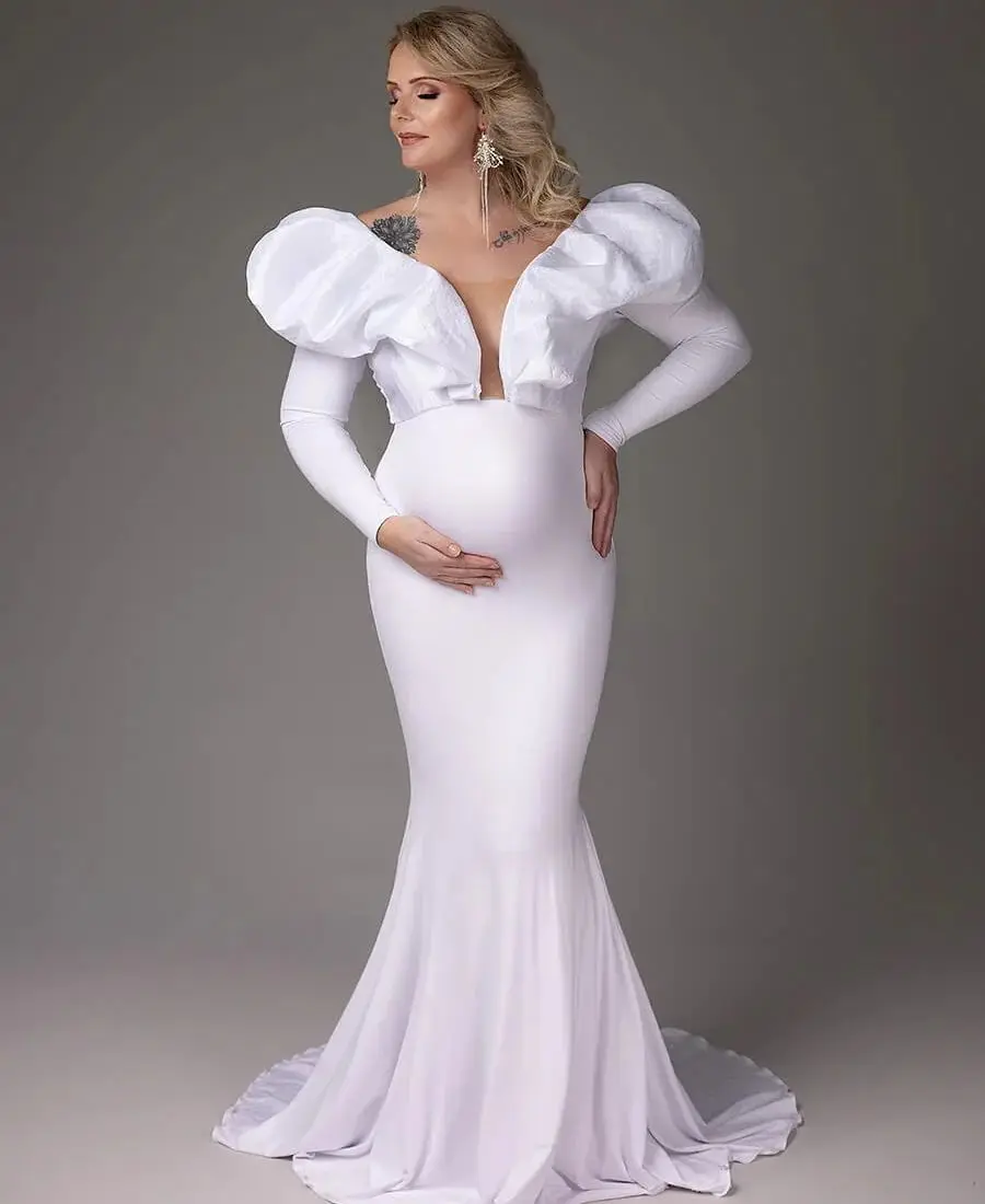 

Elegant White Evening Dresses for Photoshoot V Neck Long Sleeves Mermaid Maternity Robes Sexy Customized Baby Shower Gowns