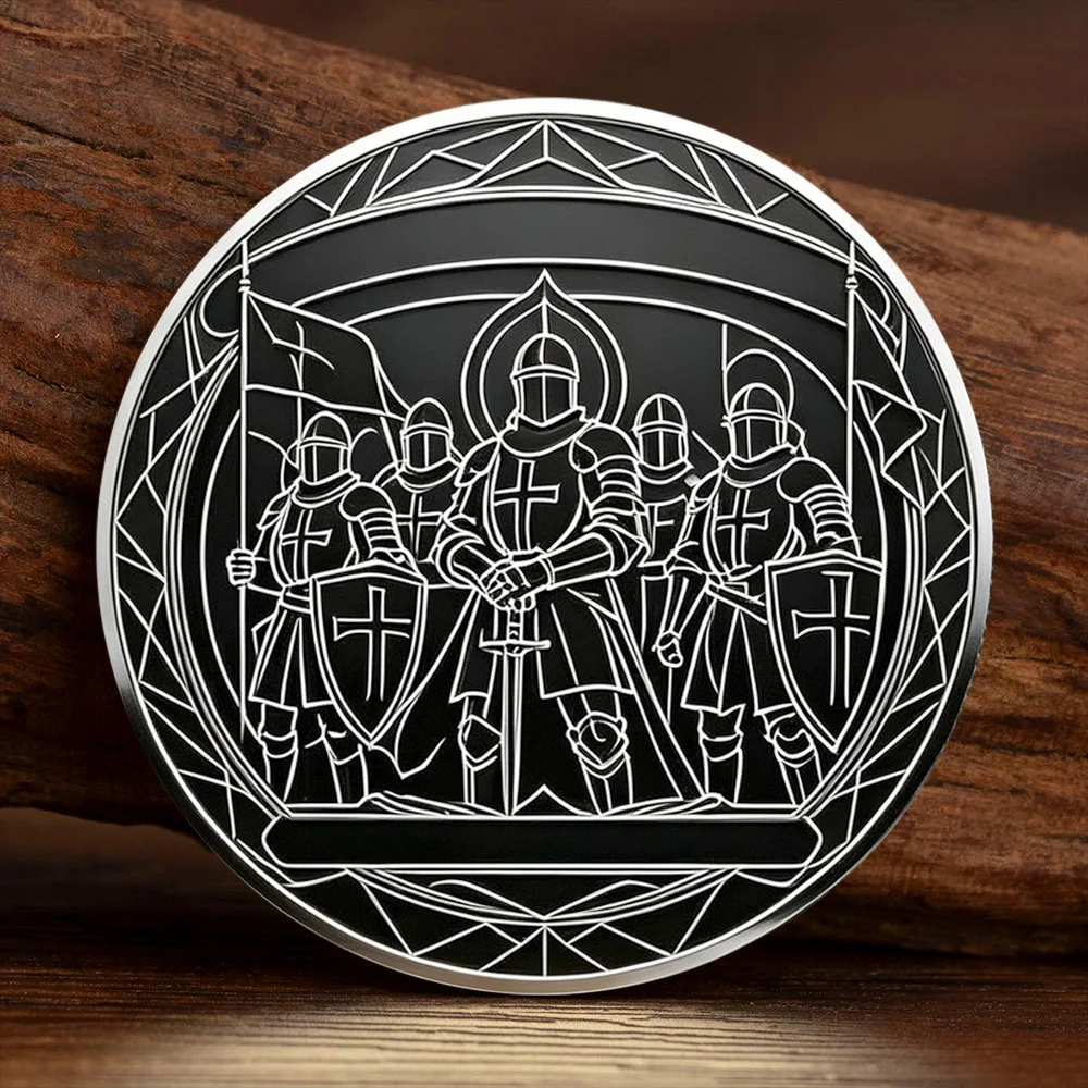 2D Templar Knight Line Engraved Crusader Cross Brotherhood Silvery Plated Commemorative Token Coin Collectible Gift for Men