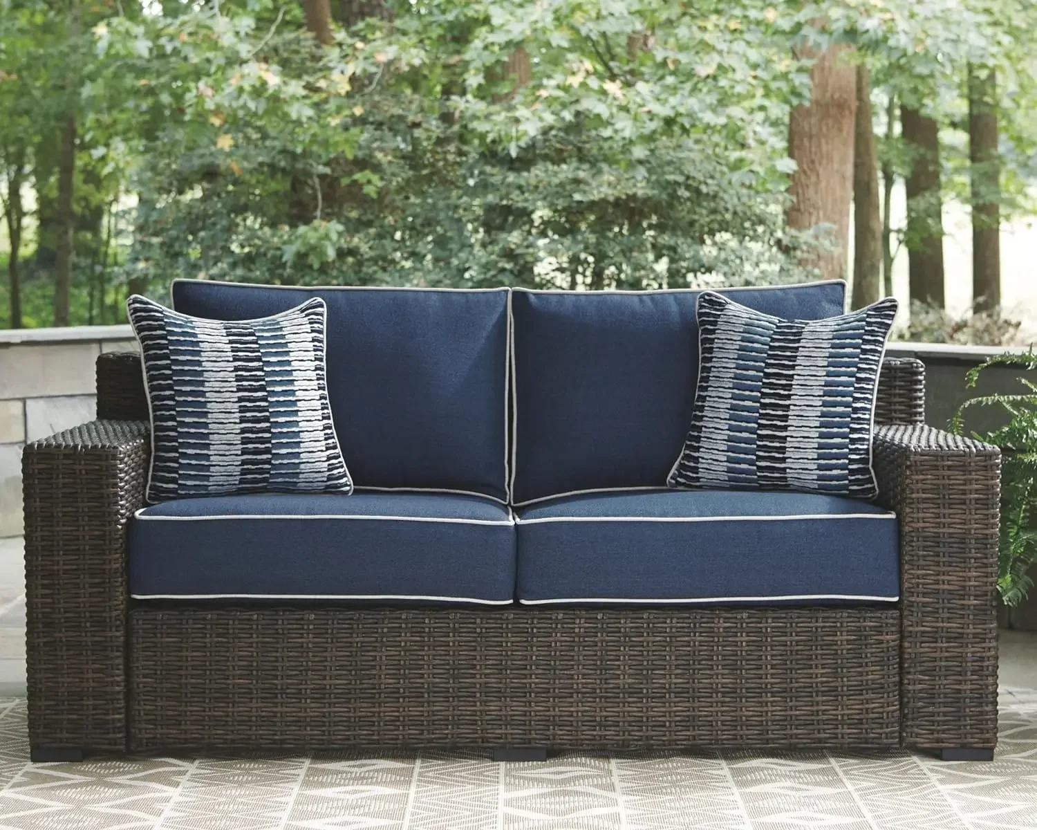 Signature Design by Ashley Grasson Lane Modern Farmhouse Outdoor Patio Loveseat, Brown & Blue