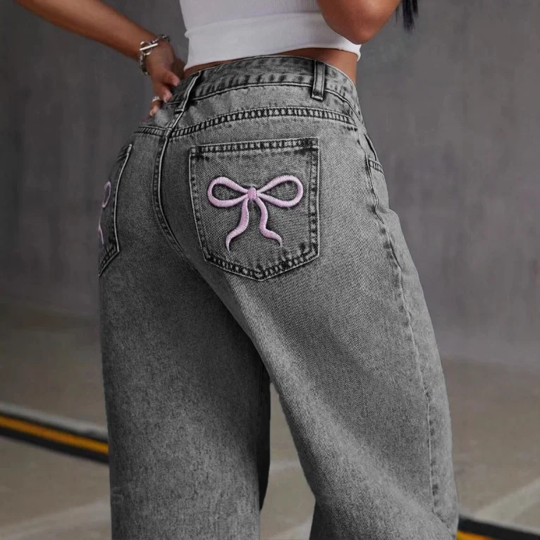 

High Waist Straight Leg Denim Jeans Women's Sweet Spicy Style Embroidered Knot Loose Long Trousers