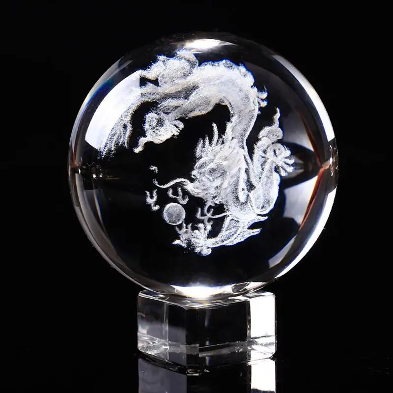 1Set 6/8CM Dragon Crystal Ball 3D Laser Engraved Quartz Glass Sphere Home Decoration Globe Earth Snow Globe Gift