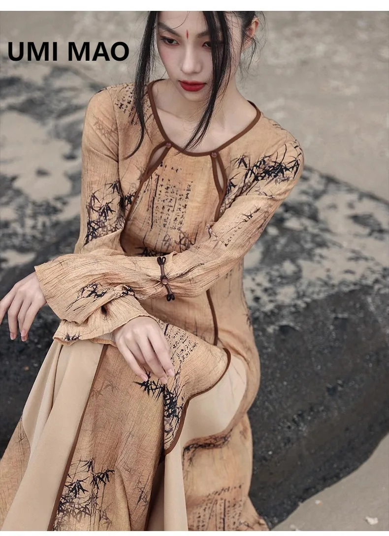 UMI MAO New Chinese Dress Spring New Style Retro Romantic Bamboo Leaf Printed Trumpet Sleeve Temperament Dresses Y2K