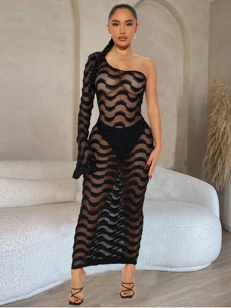 

Sibybo Knitted Dress Sexy See Through One Shoulder Long Sleeve Dress Fashion Solid Knit Robe Fall Women's Party Costumes