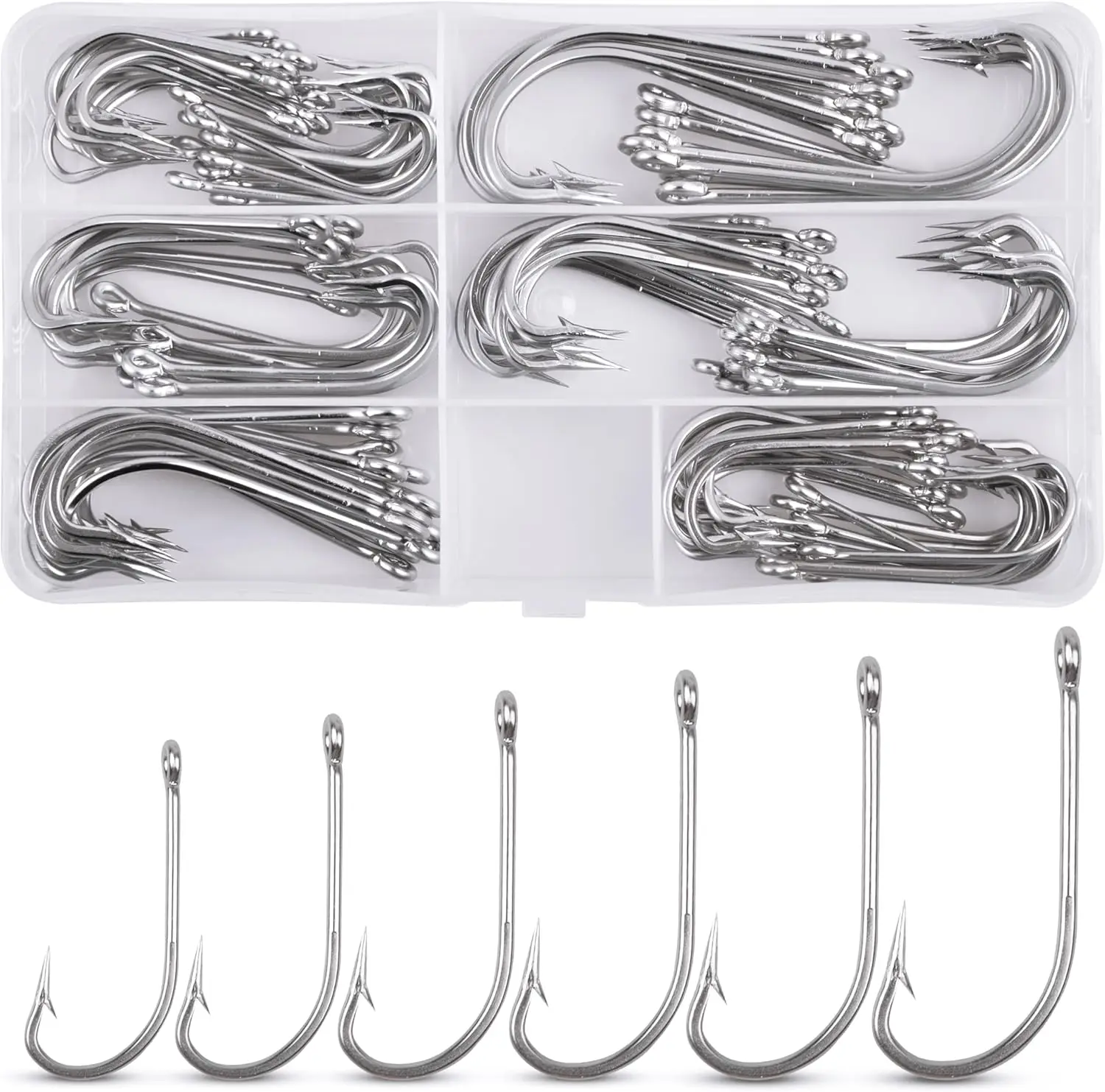 Saltwater Fishing J Hooks Kit,110pcs Forged Hooks Long Shank Stainless Steel J Fishing Hooks Set Trolling Sea Bass Fishhooks for Saltwater Freshwater