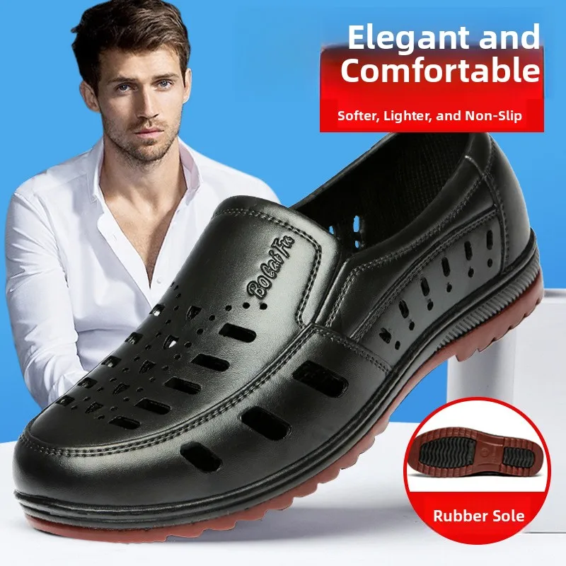 Comfortable Men's Summer Hollow out Rubber Bottom Sandals Breathable Slip-On Dad Shoes Anti-Slip Wear-Resistant Slip-On Shoes