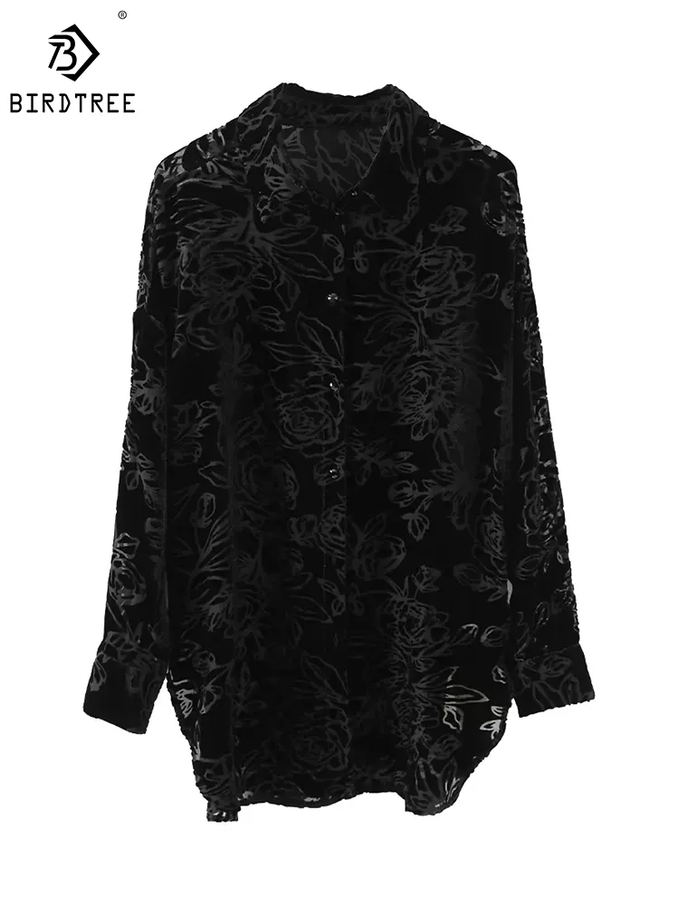 BirdTree 45% Real Silk Velvet Shirt For Women, Burn-out Long Sleeve, Fashion Vintage Blouses, 2024 Spring New Top T42727QM