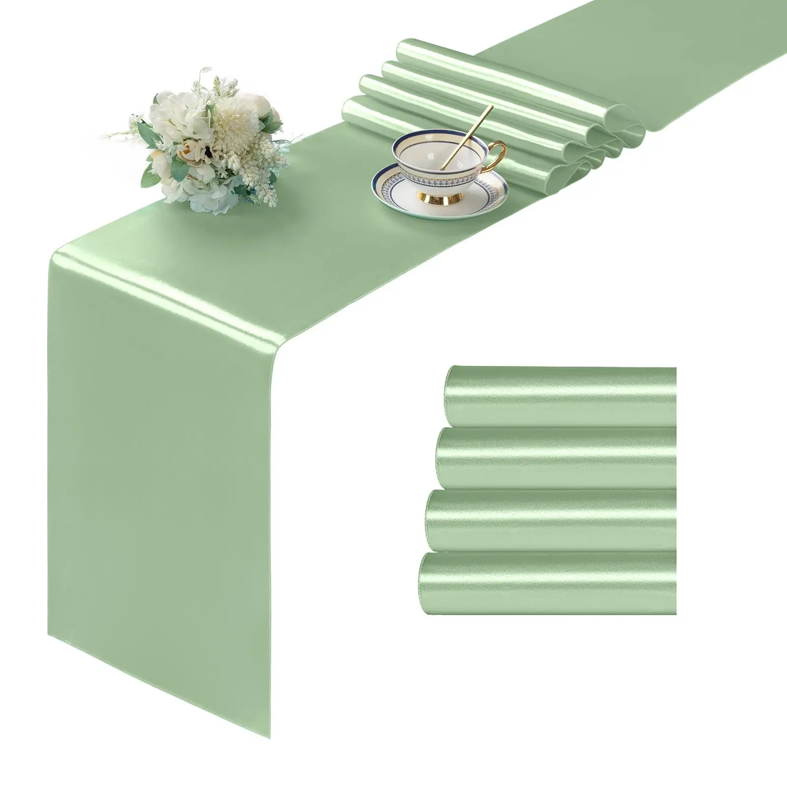 

4PCS 30X 275cm Sage green Wedding Satin Table Runner Party Supply Christmas Home Dining Luxury Table Decoration 12" X 108"