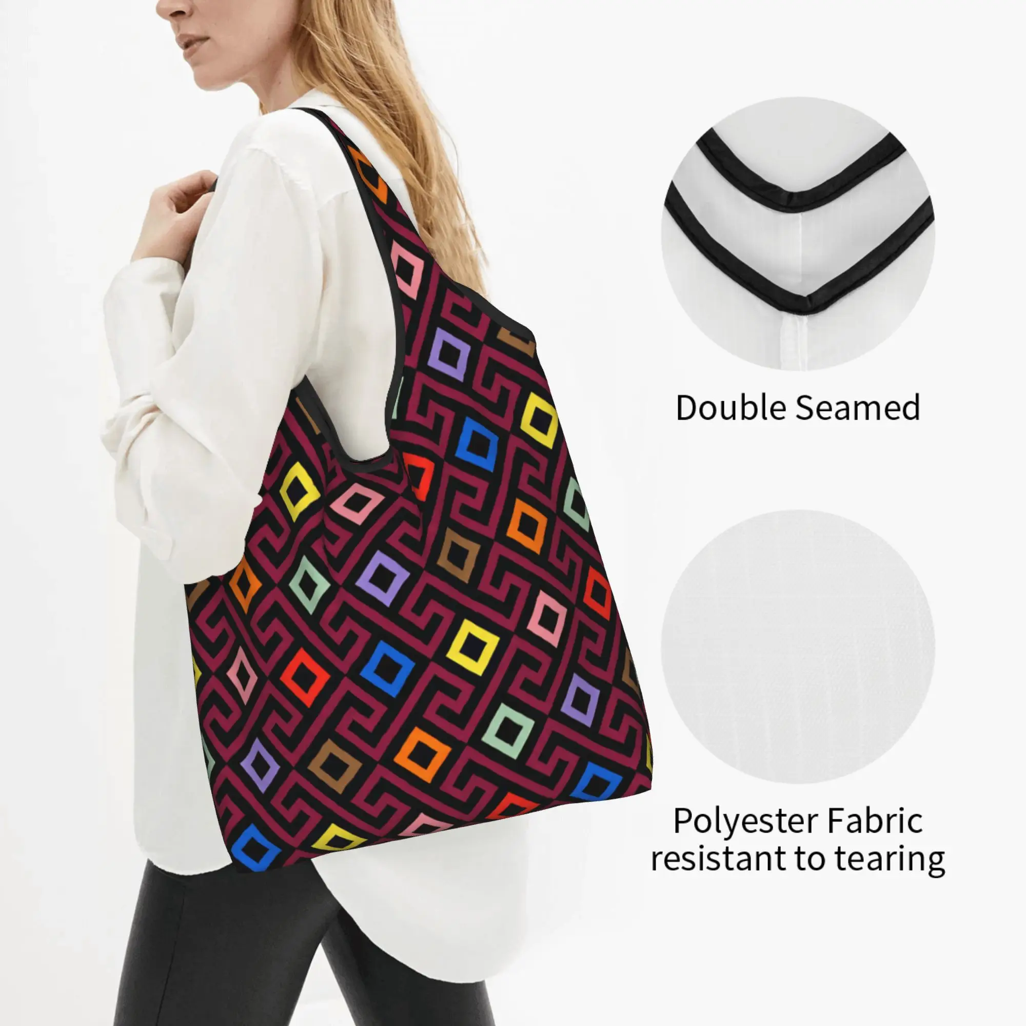 Custom Greek key Meander  Shopping Bag Women Portable Large Capacity Grocery Continuous Diamond Pattern Tote Shopper Bags