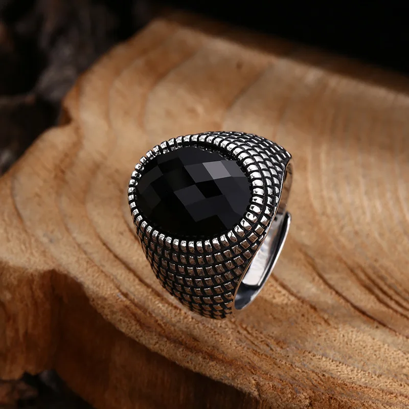 Wholesale 925 sterling silver ring Seiko black zirconium ring ring opening Thai silver vintage trendy unique ornament
