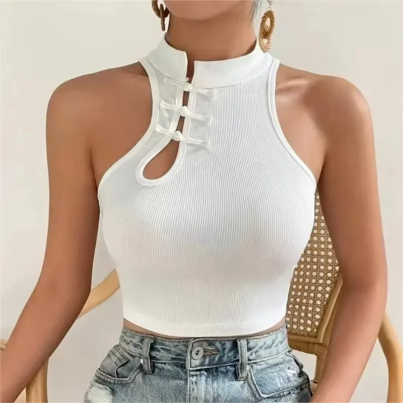 

2025 Summer Women Vintage Chinese Button White Tank Top Halter Tops O-Neck Cute Y2k Crop Tops Off Shoulder Tops for Girls