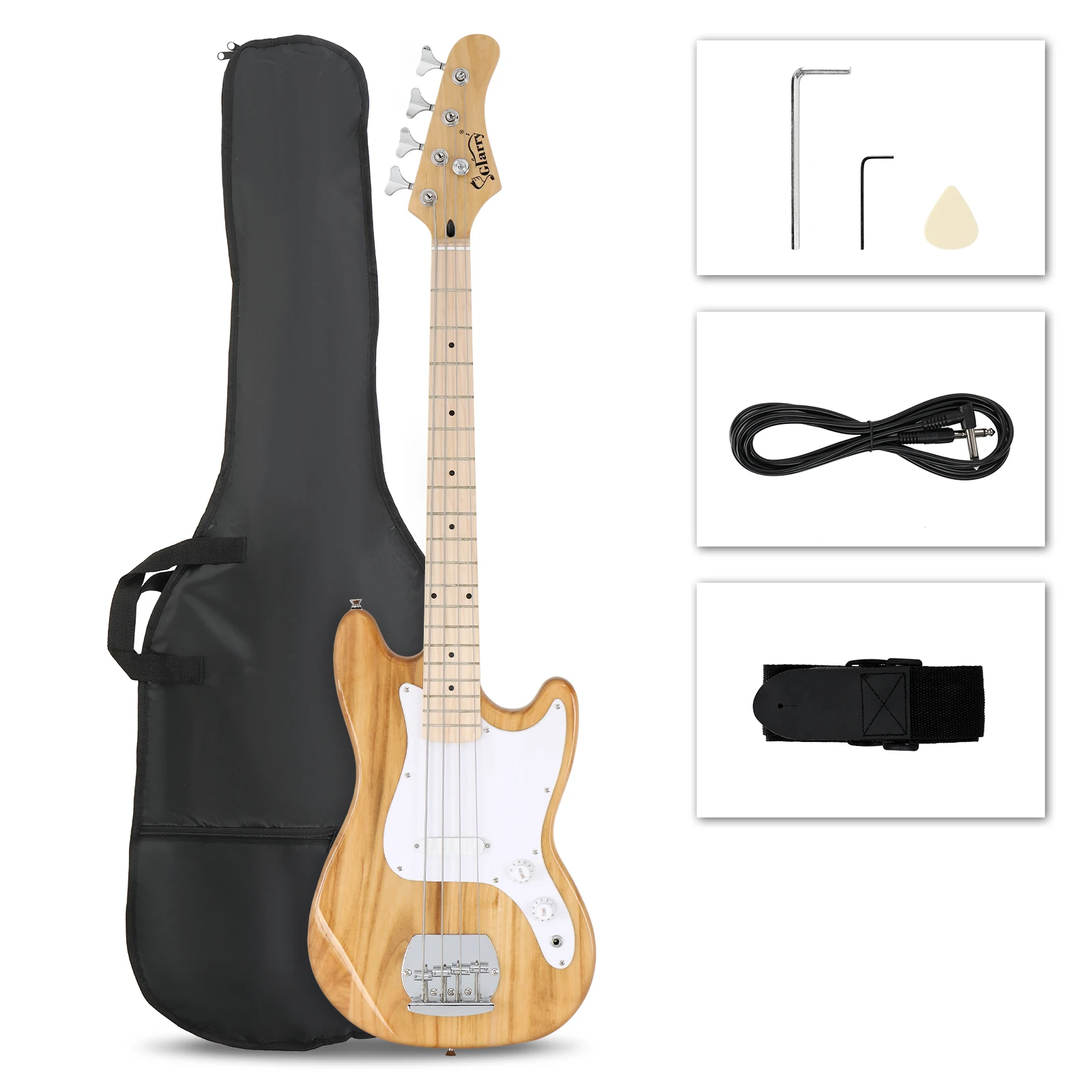 4 String 30in Short Scale Thin Body GB Electric Bass Guitar with Bag Strap Connector Wrench Tool Burlywood