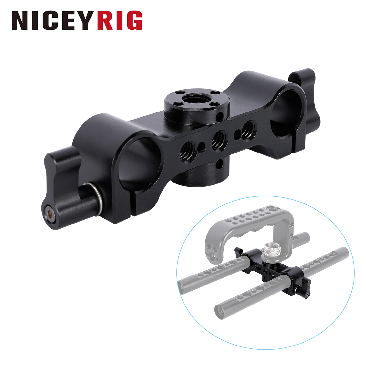 

NICEYRIG 15mm Rod Clamp with 3/8''-16 Arri Locating Holes for Dual 15mm Rod Rail Extension Applicable for DSLR Top Handle