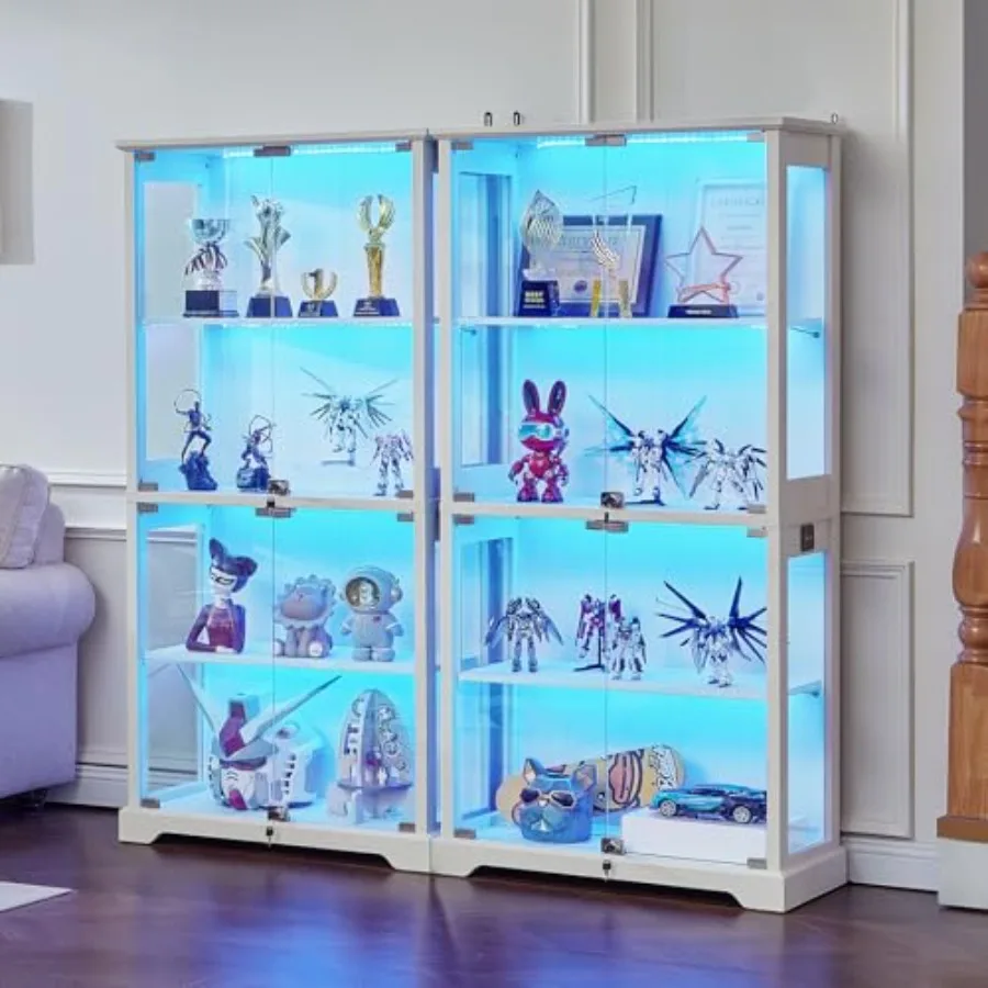 Farmhouse Glass Display Cabinet with Lock for living room, tempered glass and wood, white, secure locking mechanism view 2