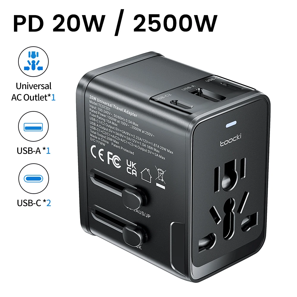 Toocki Universele Reisaanpasser GaN-lader PD 20W Met 2 USB-C 1 USB-A Poorten All-in-One Reisaanpasser EU/US/UK/AUS Stekker