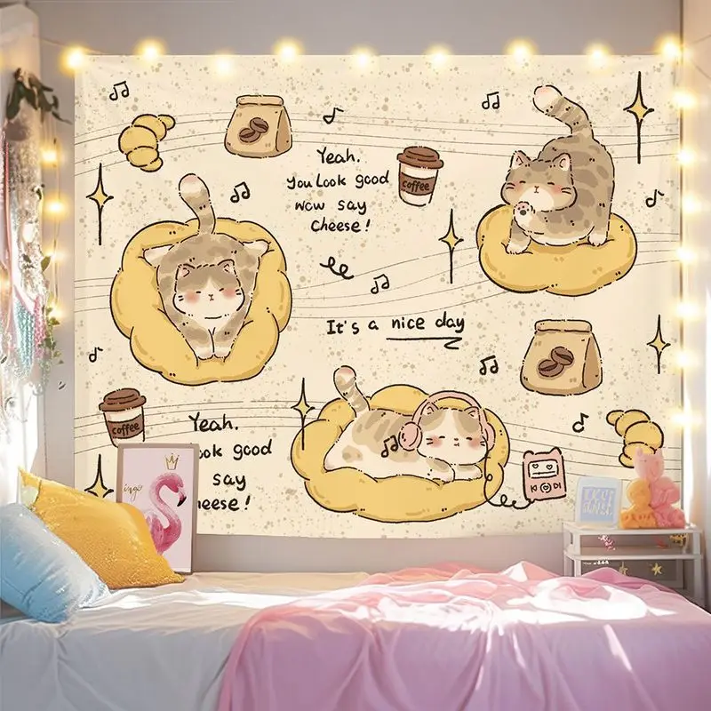 VIKAMA Butter Toast Cat Tapestry, Cute Coffee Bread Cartoon Cat Milk Yellow Wall Art for Bedroom Living Room Decor