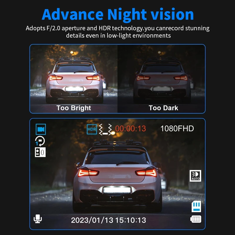 

1080P HD screen dashcam with dual recording capabilities inside and outside the vehicle reversing camera and smartphone connecti
