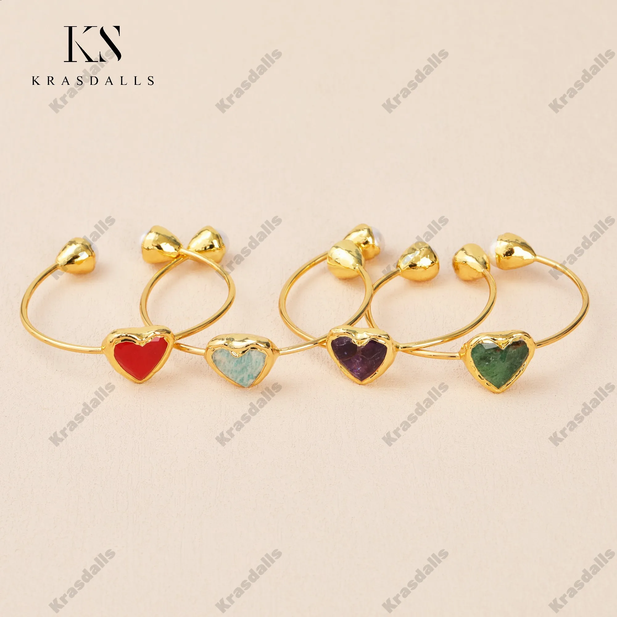 

High Quality Gold Plated Bangle Heart-Shaped Gemstone & Pearl Exquisite Electroplating Edge Inlay Quartz Main Wholesale Jewelry