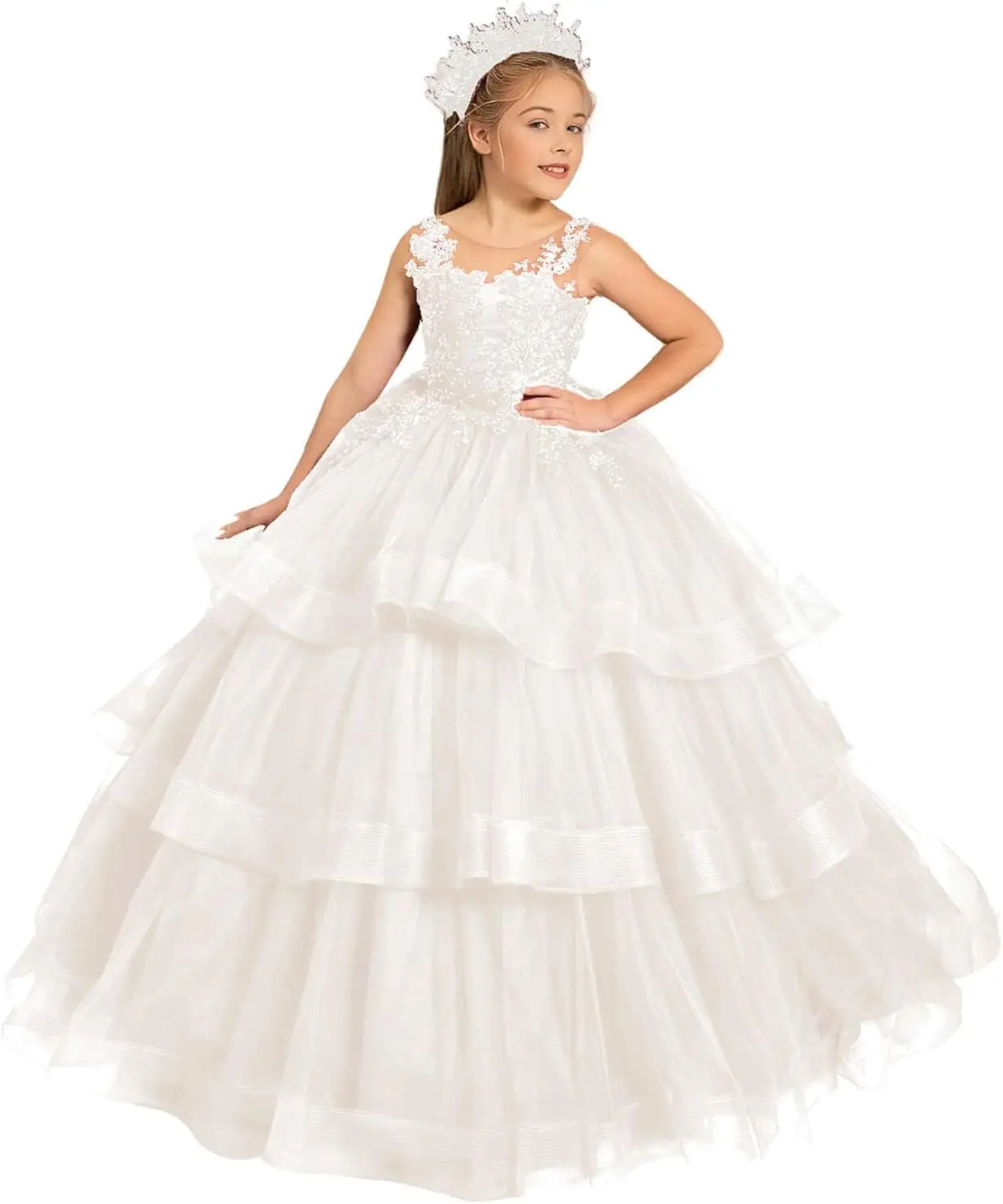 Gaun Pesta Anak Perempuan Model Ball Gown Berlapis Tulle dengan Motif Bunga Gaun Pernikahan Elegan Gaun Pengiring Pengantin untuk Acara Spesial