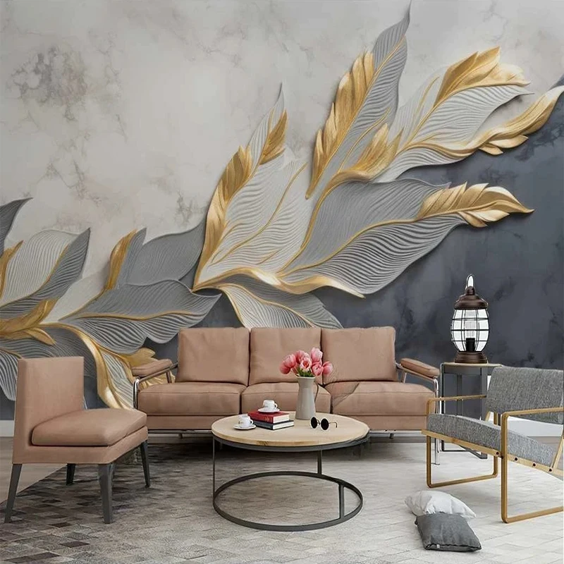 Custom Large Size Modern Cement Gray Background Wall 3D Golden Leaf Feather Flower Painting Mural Canvas for Living Room Decor