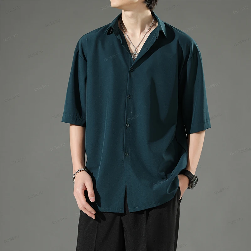 Summer New Business Non Ironing Black Short sleeved Shirt for Men Ice Silk Cool Korean Style Casual White Shirts Male Large size