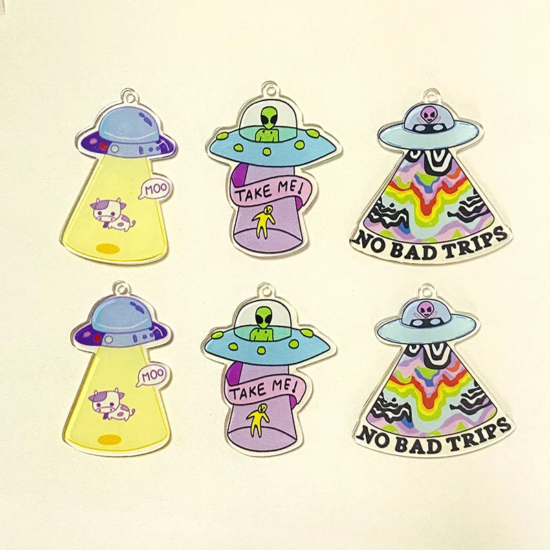 6pcs Acrylic UFO Cow Spaceship Earring Charms Funny Cute Cartoon Pendant For Necklace Keychains Diy Jewelry Make