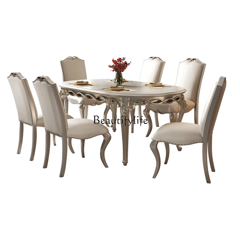 

Американский светлый роскошный прямоугольный обеденный стол и стул, сочетание домашнего европейского обеденного стола из цельного дерева, резьба