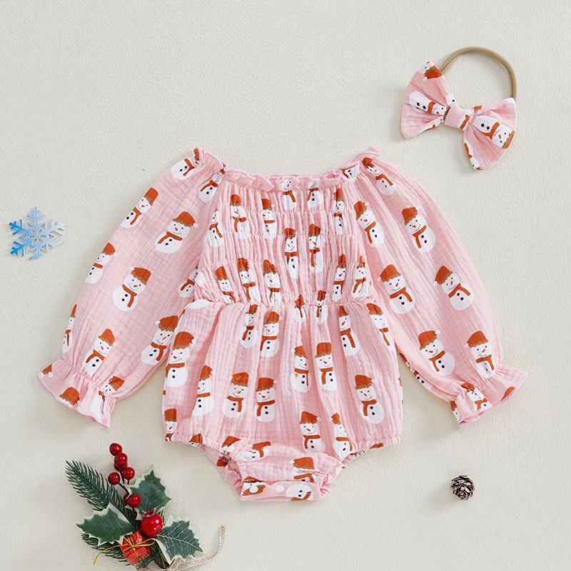 SUNSIOM Baby Girl 2Pcs Christmas Outfits Long Sleeve Santa Print Smocked Bodysuit with Headband Set Infant Clothes