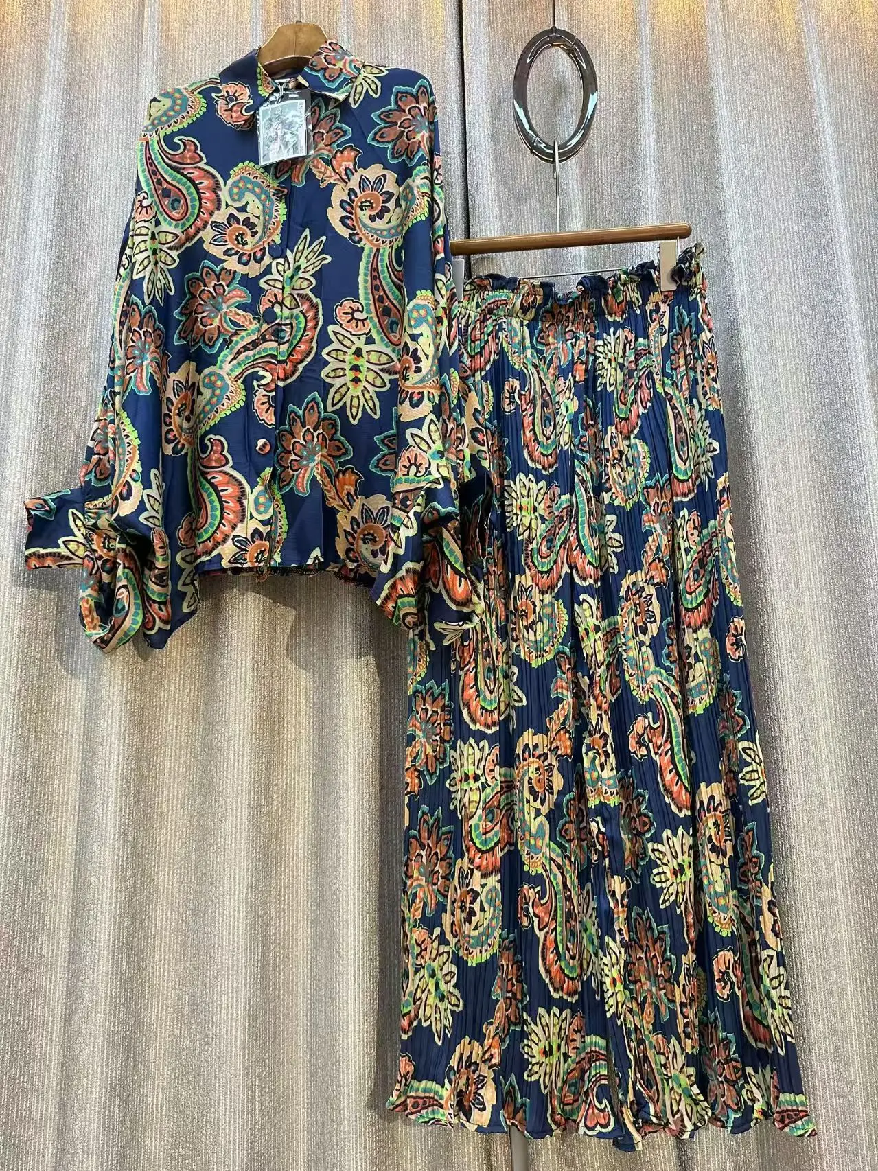 Herbst Grau Floral Zwei Stück Set Frauen Muslime Kleidung Pocelain Jacke Shirts Elastische Taille Breite Bein Lange Hosen 2 stücke Outfits