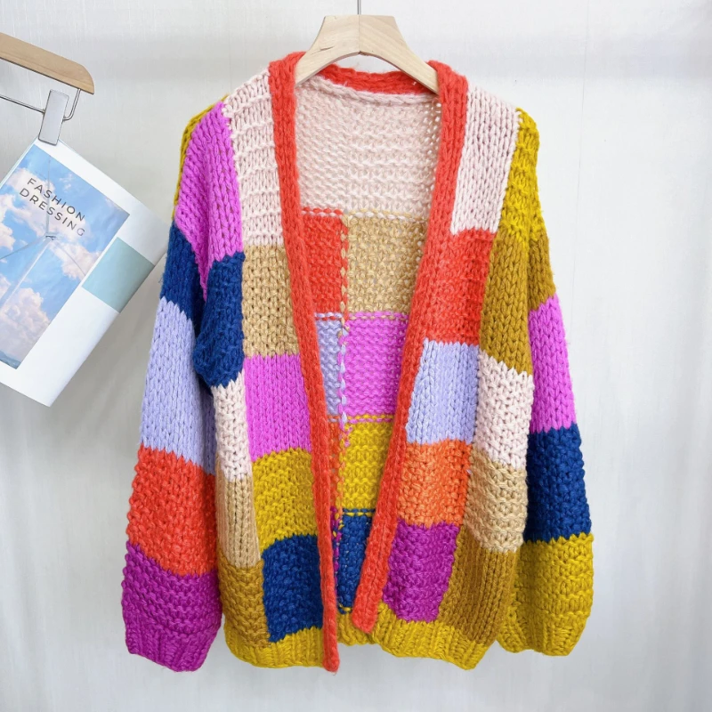 Chunky Knit Cardigan Women Handmade Patchwork Multi Color Loose Sweater Cardigan 2024 Winter Rainbow Knitwear