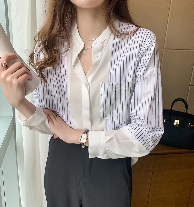 

Women's Striped Patchwork Long irt Commute Sle Button Sve irt Polyester Fabric Slim Fit Regular Length Long Sve