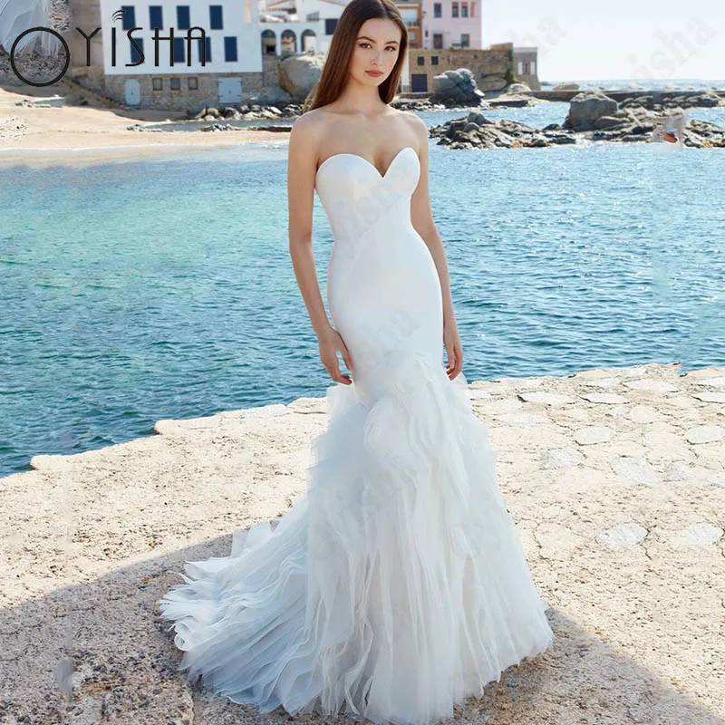 Oyisha Simples Praia Sereia Vestido De Noiva Para As Mulheres Querida Tule Vestidos De Noiva Sem Mangas Aberto Voltar Vestido Novia Custom Made Simples Beach Mermaid Wedding Dress For Women Sweetheart Tulle Bridal Gown