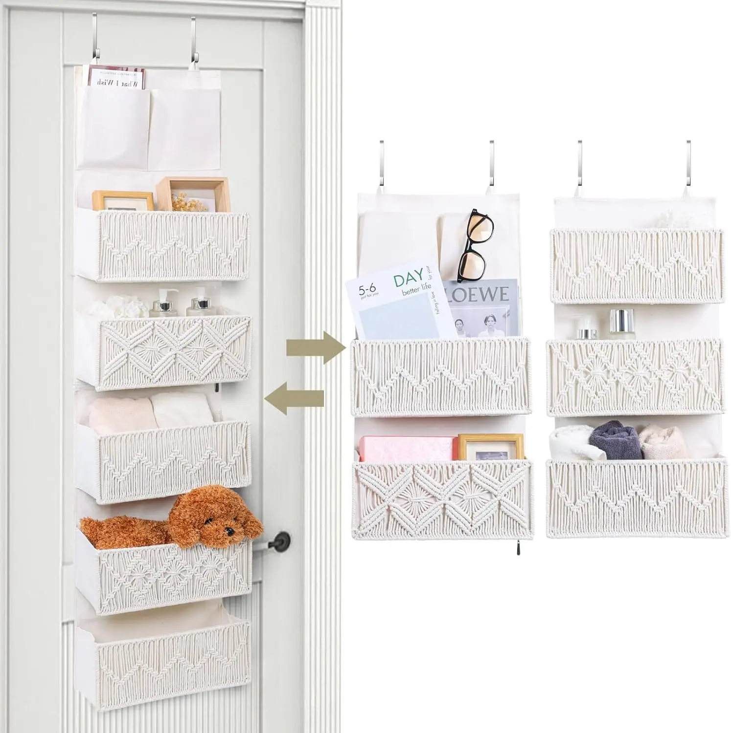 

Over the Door Organizer Macrame Boho Nursery Storage with 5 Large Woven Pockets, Hanging Closet Basket for Bathroom or N