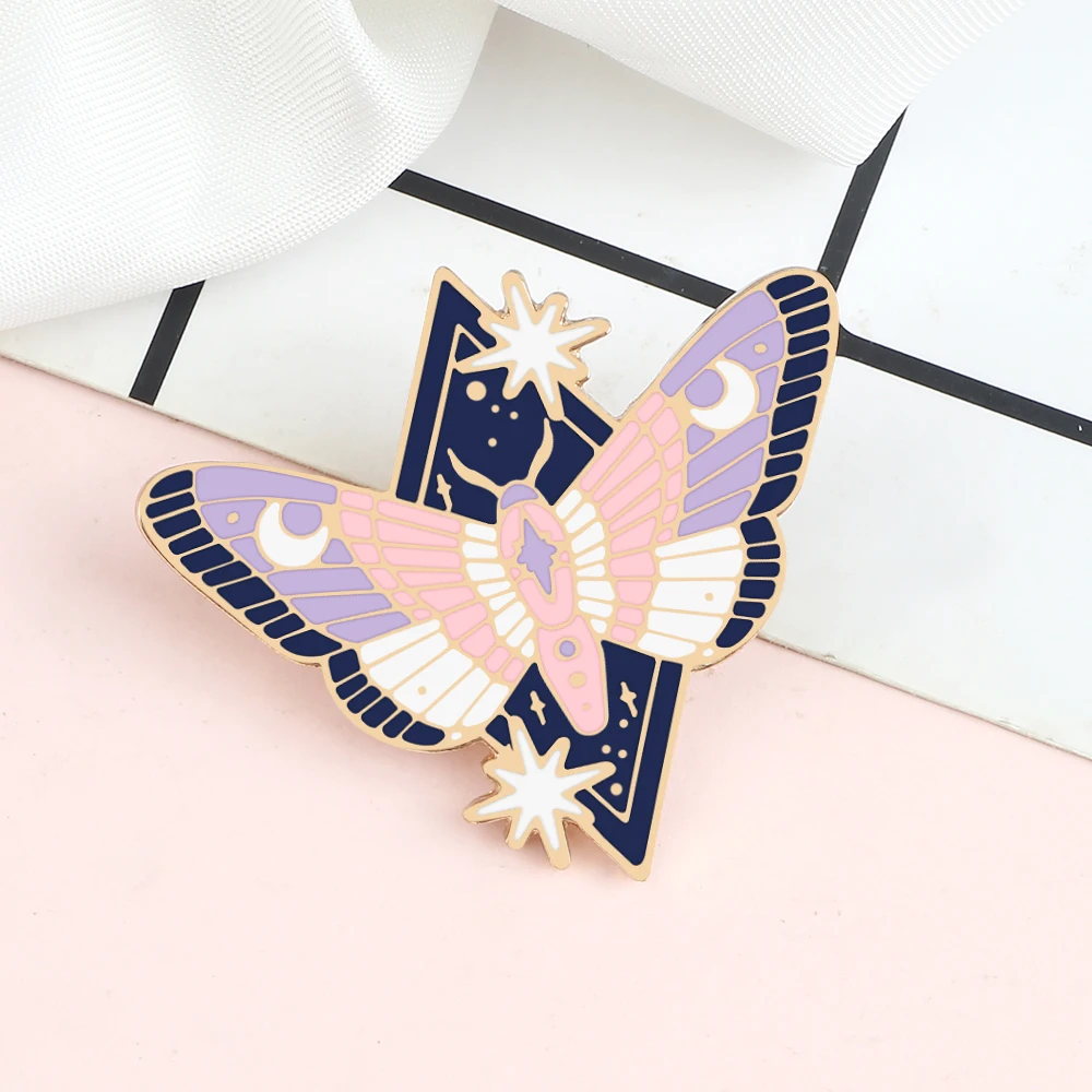 Cute Animal Insect Brooch Luna Purple Butterfly Moth Enamel Pin Starry Sky Moon Badge Bag Lapel Pins Friends Girls Gifts Jewelry