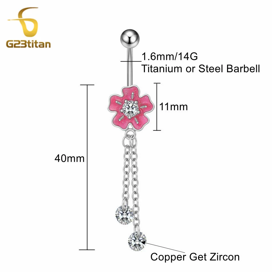 G23titan Charm Pink Flower Zircon Round Pendant Navel Ring 14G Titanium Barbell Belly Button Ring Piercing Women Jewelry Ombligo