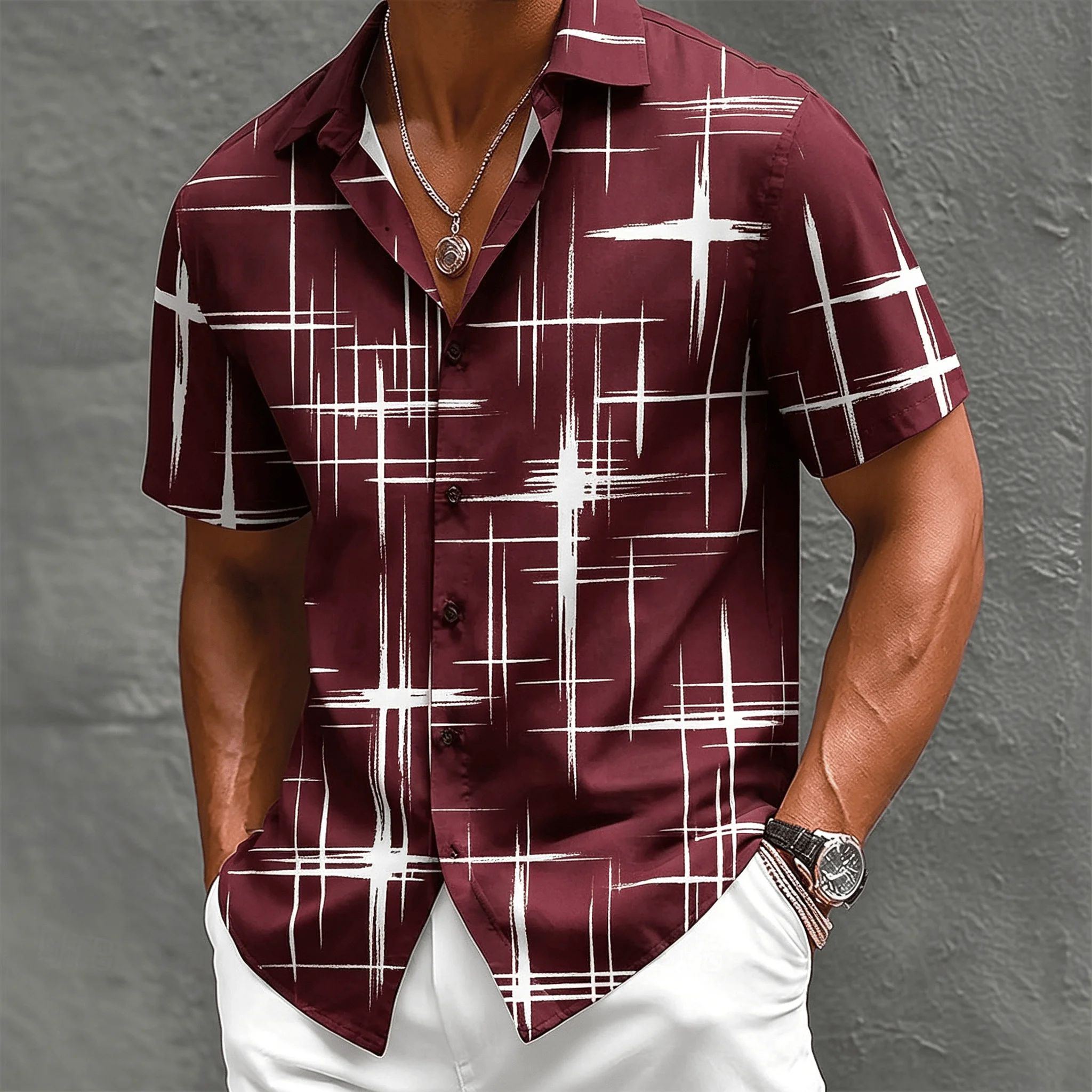 

Men's Abstract Geometric Line Print Shirt, Beach Vacation Casual Wear for Men