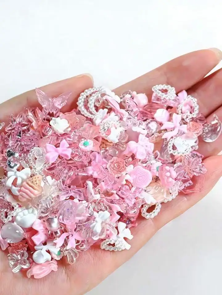 100pcs 3D Mixed Color Nail Decorations - Pink Heart, Flower, Bow Shaped Resin Flat Nail Art Rhinestone Decorations, Suitable For