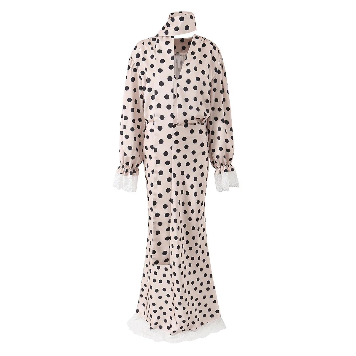 

Withered Fashionable Temperament Women's Polka Dot Scarf Shirt High Waist Slim Fit Skirt Set New Two Piece Set Women's Suit