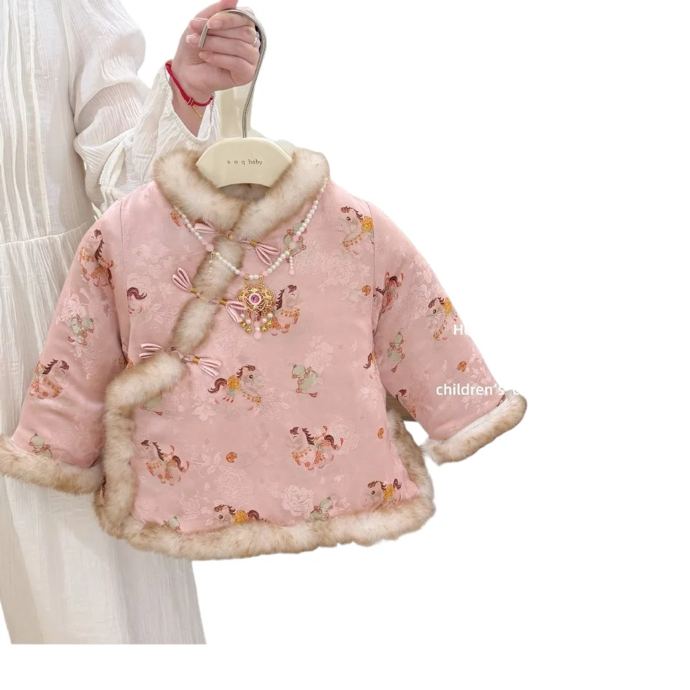 Girls Qipao Dress New Chinese Style 2026 Faux Fur Trim Padded Cheongsam Lunar New Year Outfit Kids 73-130cm